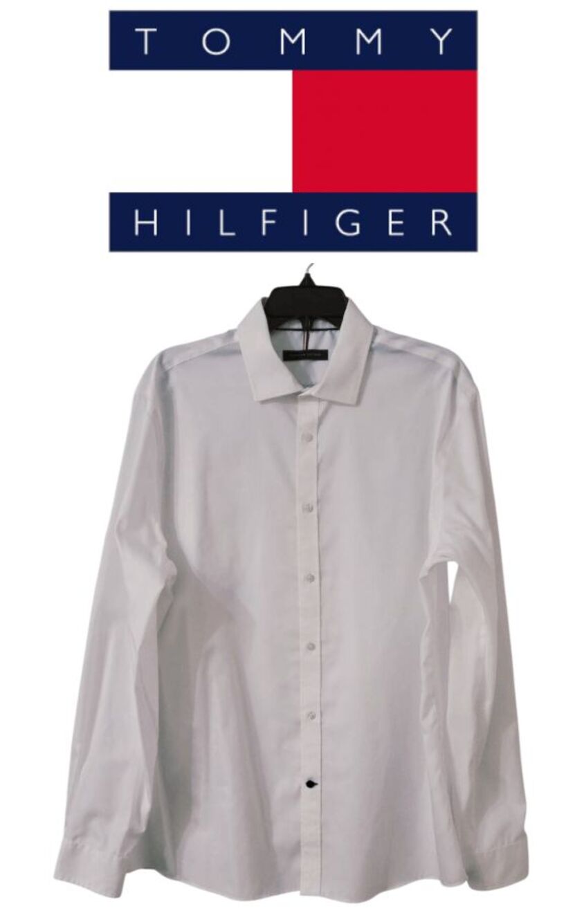TOMMY HILFIGER Men’s White Non-Iron Classic Dress Shirt Slim Fit SIZE 17 34/35
